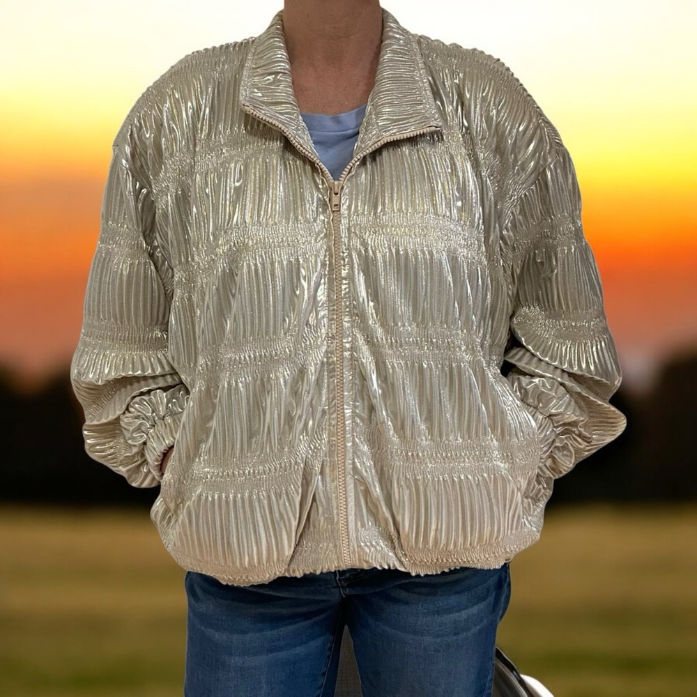 1980s Vintage Maxima Ruched Metallic Champagne Bomber Jacket One Size